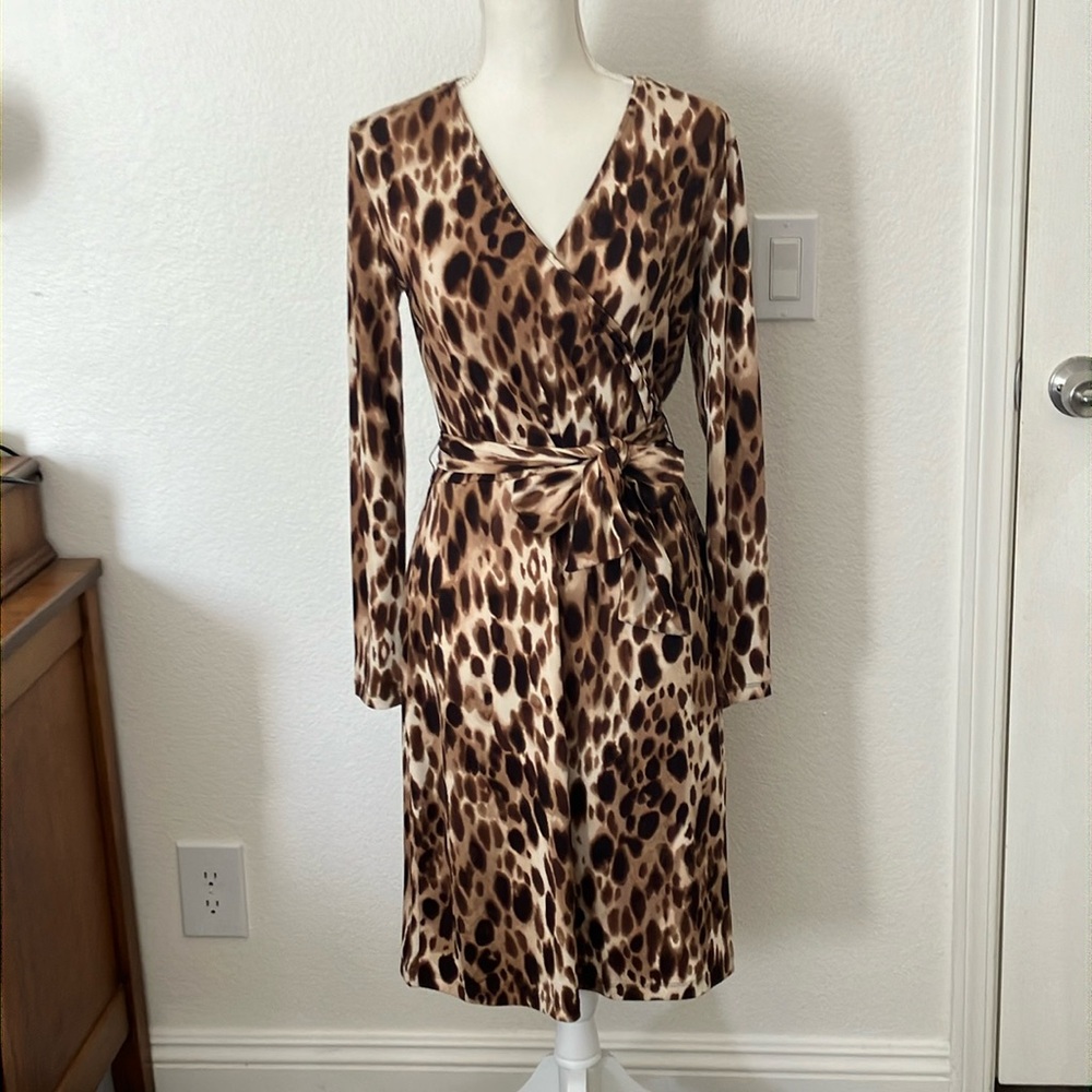 Y2k Jones New York leopard animal print Brown/tan Long Sleeve Wrap Dress Size:M